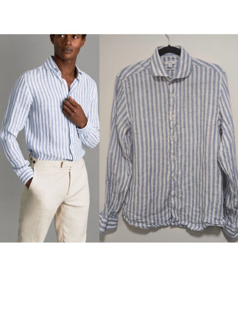 Reiss | Ruban Striped Linen Cutaway-Collar Shirt In Soft Blue